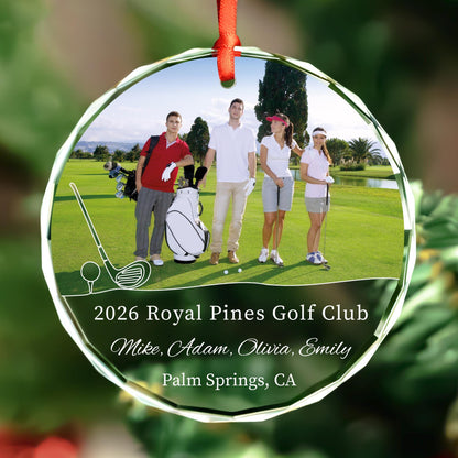 Personalized golf photo glass ornament with names, course and location