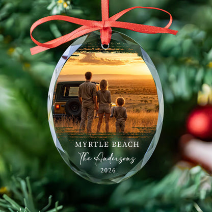 Family trip photo keepsake ornament with location