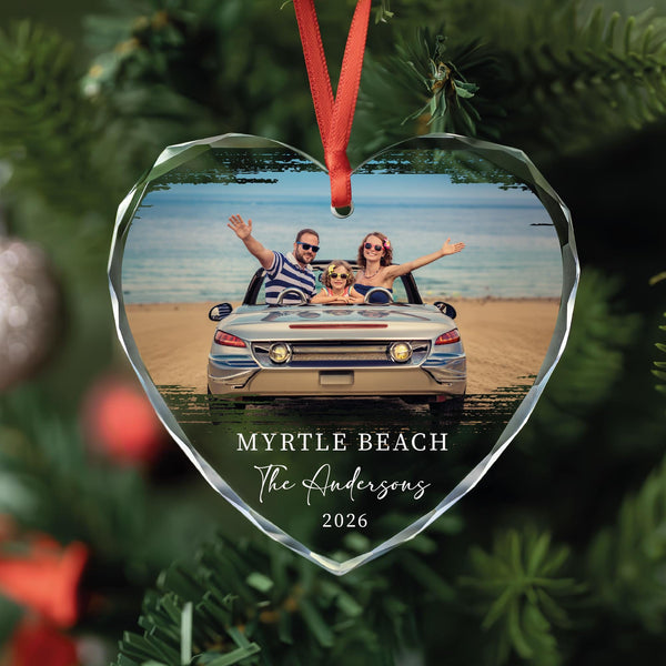 Family Vacation Photo Ornament with Location and Last Name, Personalized Glass Travel Keepsake