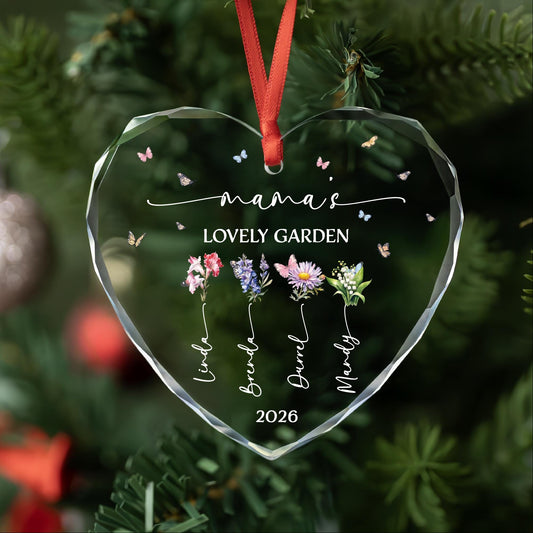 Personalized birth flower glass ornament for mom with kids names and butterflies