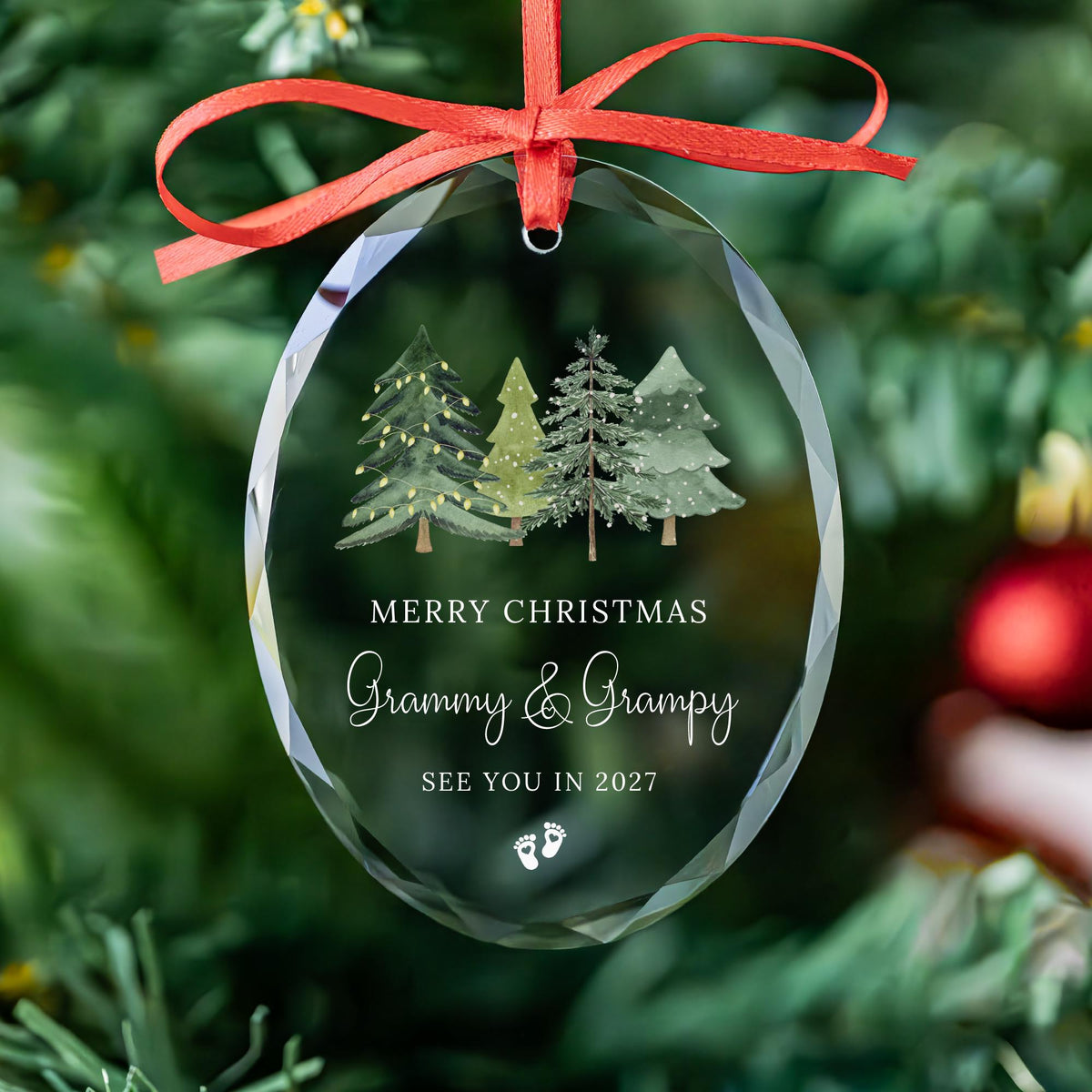 Grandparents baby feet reveal ornament in round, heart and oval glass shapes