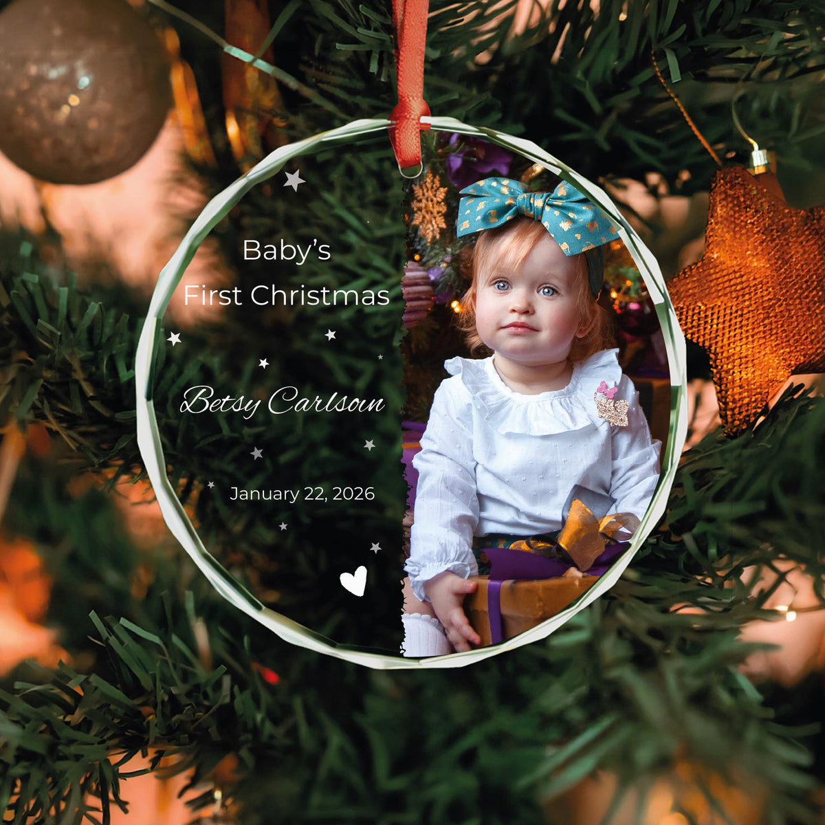 Baby half photo keepsake ornament in round and heart glass