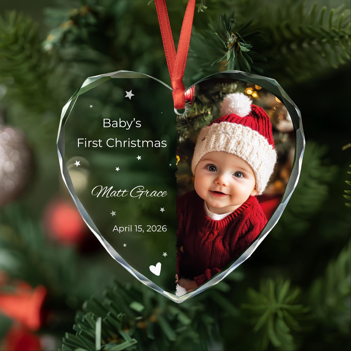 Personalized baby first Christmas half photo glass ornament with name and date