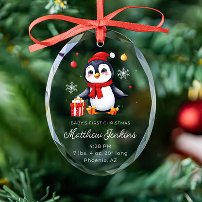 Penguin Baby's First Christmas glass ornament with name and birth stats