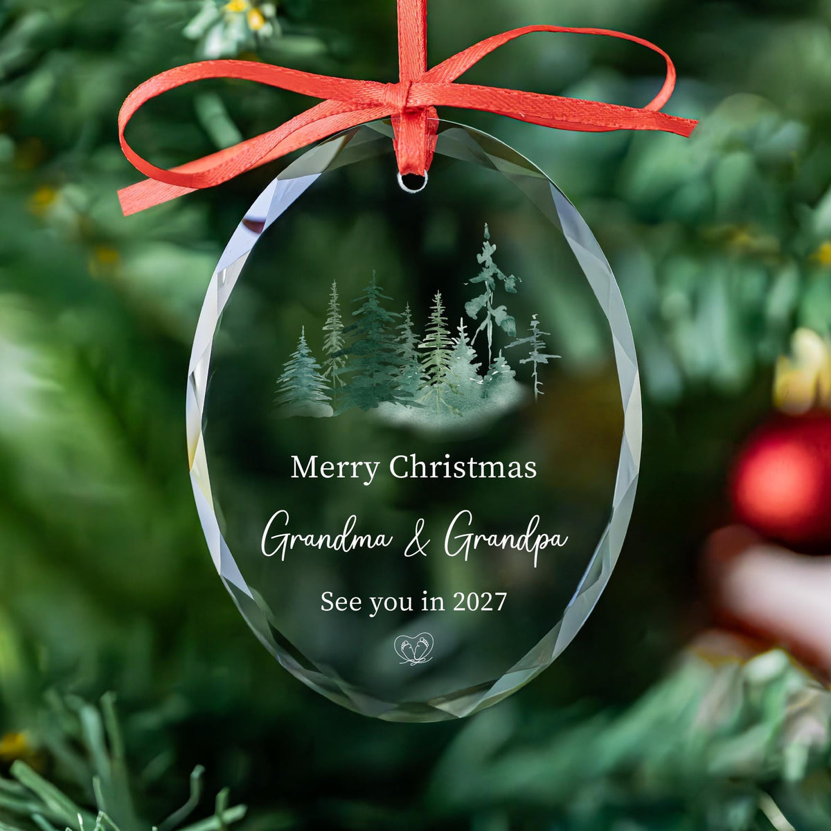 Grandma and grandpa baby reveal ornament with watercolor pine trees