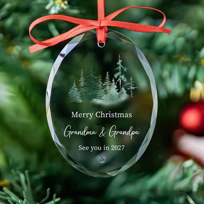 Grandma and grandpa baby reveal ornament with watercolor pine trees