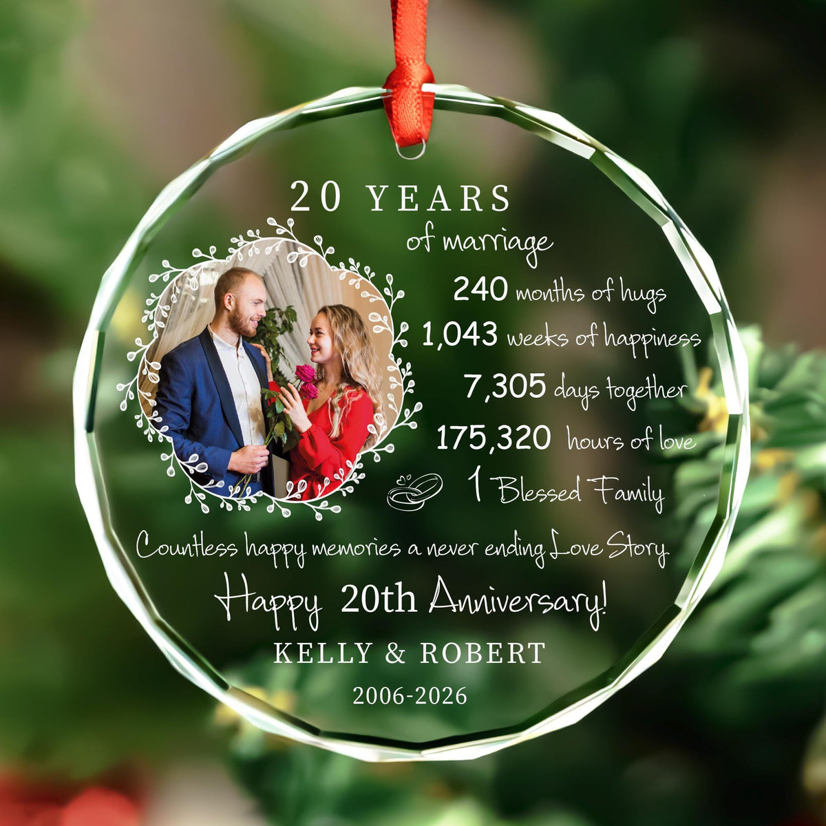 Personalized 20th anniversary glass ornament with couple photo