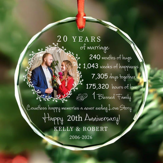 Personalized 20th anniversary glass ornament with couple photo