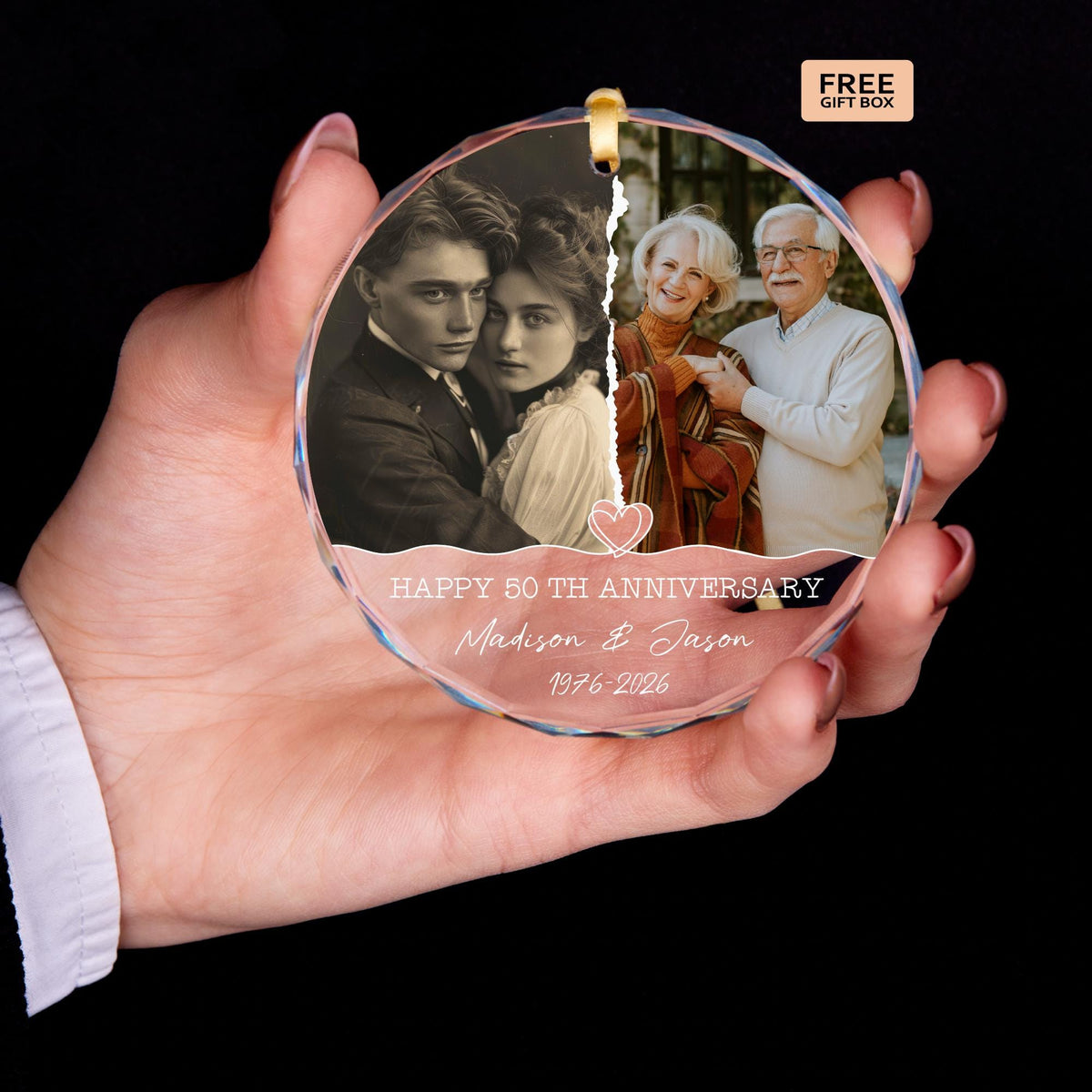 Anniversary ornament with then and now photos, names and years
