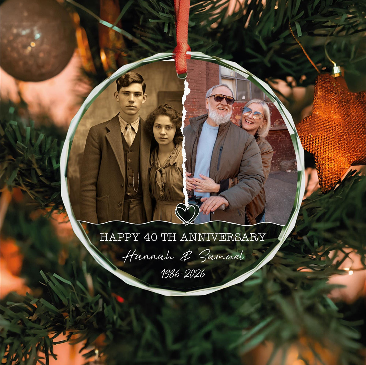 Personalized then and now anniversary photo glass ornament with two pictures
