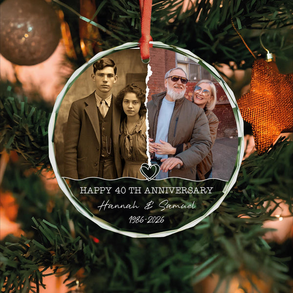 Personalized Then and Now Anniversary Photo Ornament with Two Pictures, Names and Years, Glass Keepsake
