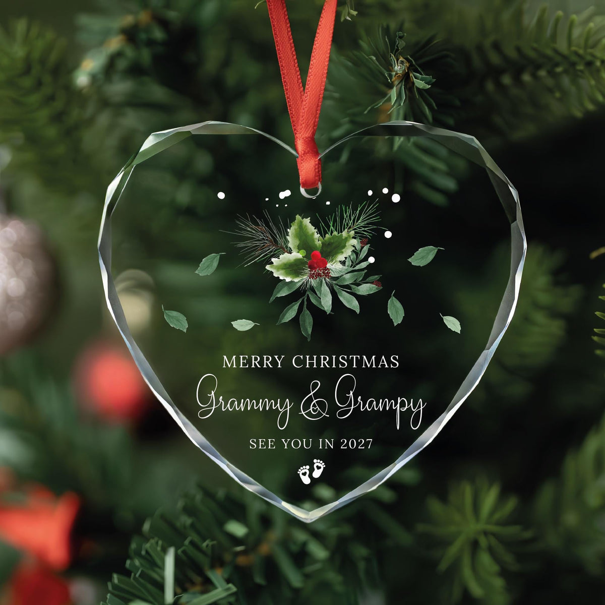 Grandparents baby reveal ornament in round, heart and oval glass shapes