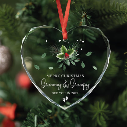 Grandparents baby reveal ornament in round, heart and oval glass shapes