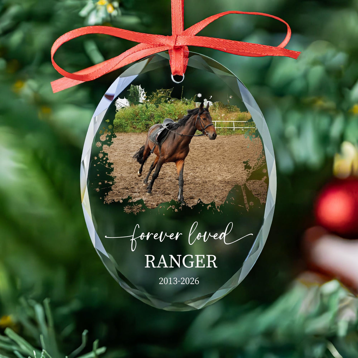 Horse memorial ornament in round, heart and oval glass shapes