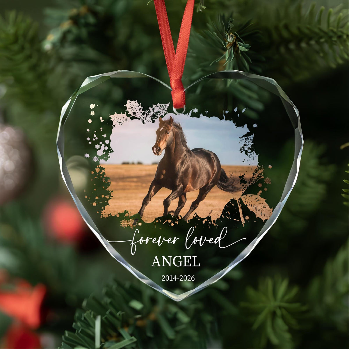 Personalized forever loved horse memorial photo glass ornament with name and years