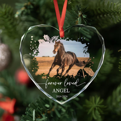Personalized forever loved horse memorial photo glass ornament with name and years