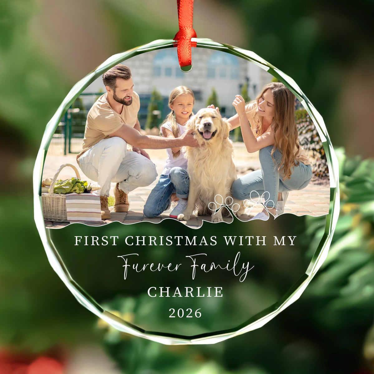 Rescue dog first Christmas family photo keepsake ornament