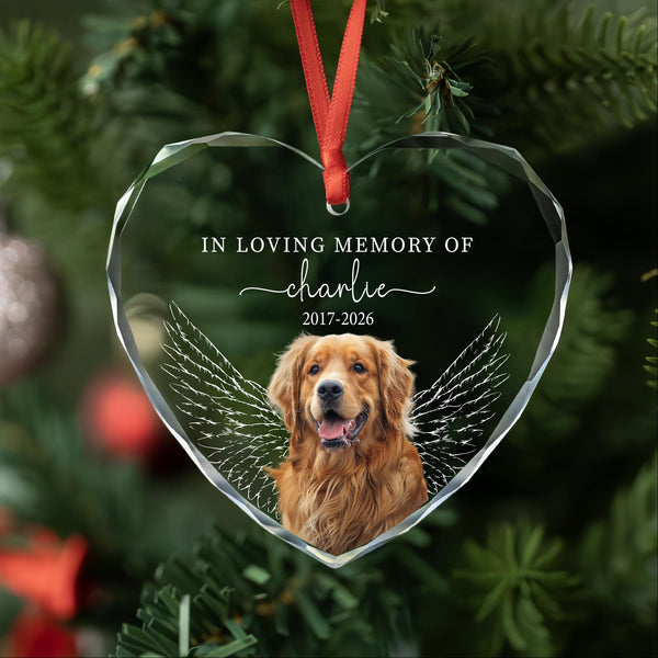 In Loving Memory Dog Ornament with Angel Wings, Pet Photo, Name and Years, Personalized Glass Memorial Keepsake