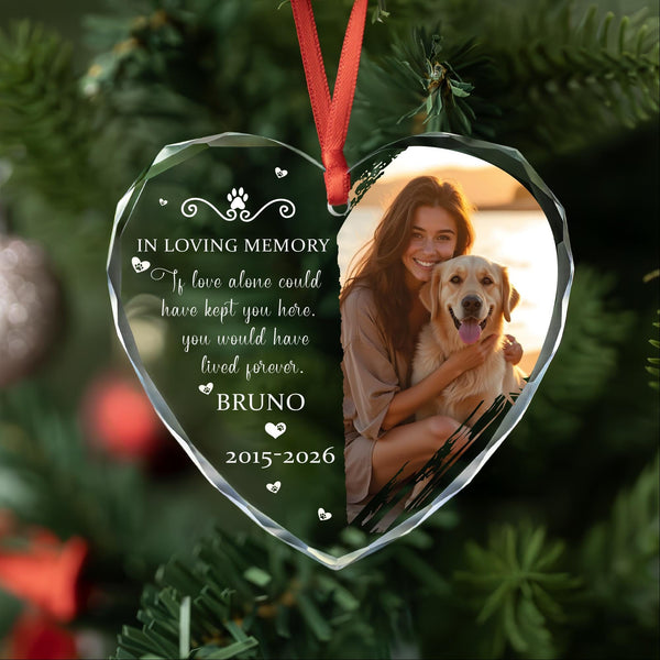 Dog Memorial Half Photo Heart Ornament with Owner and Pet Picture, Name and Years, Personalized Glass Keepsake