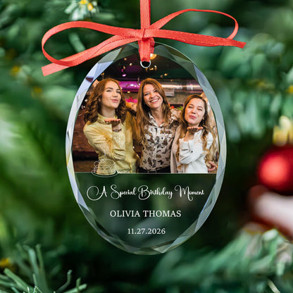 Birthday photo keepsake ornament in round, heart and oval glass shapes