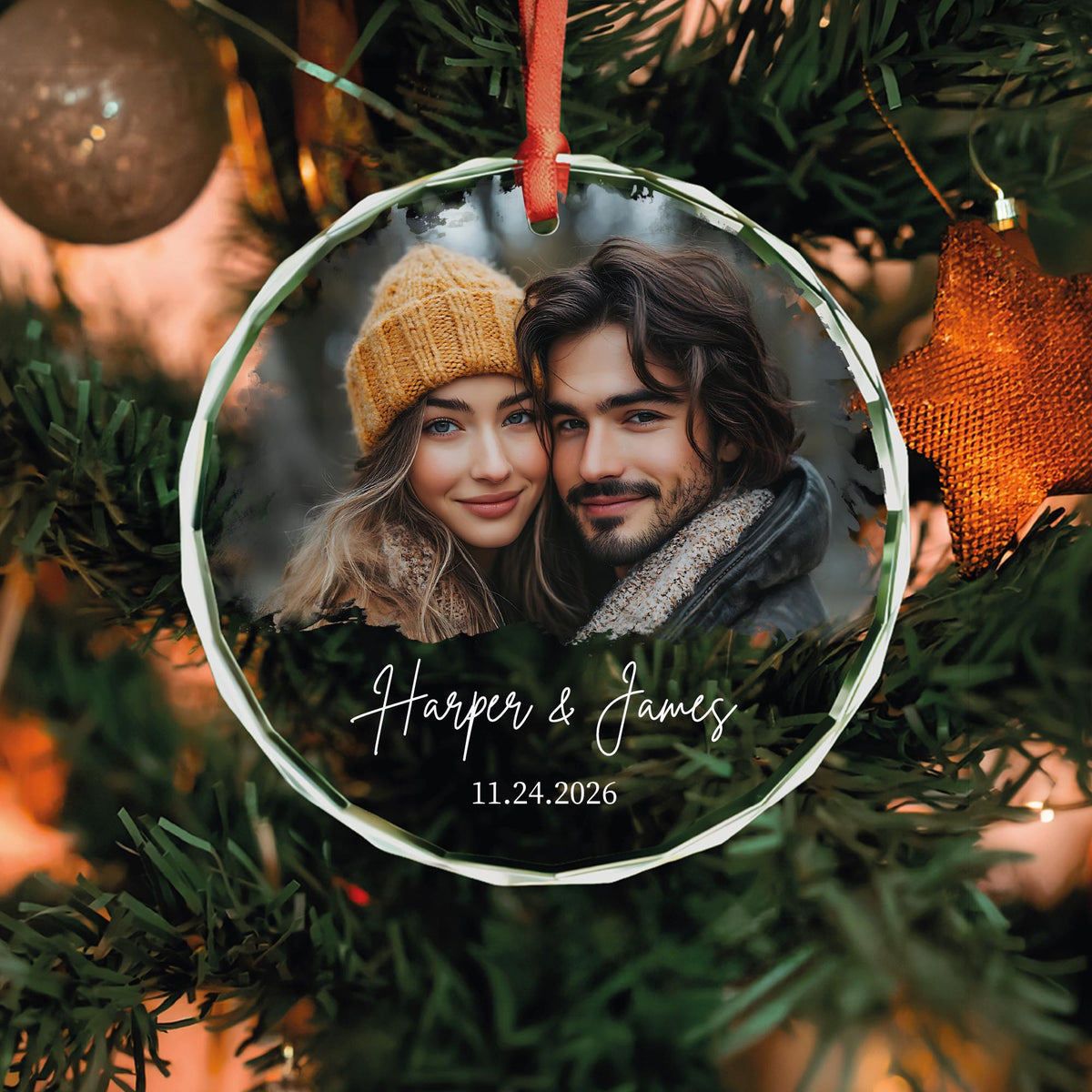 Engagement gift glass Christmas ornament with couple photo