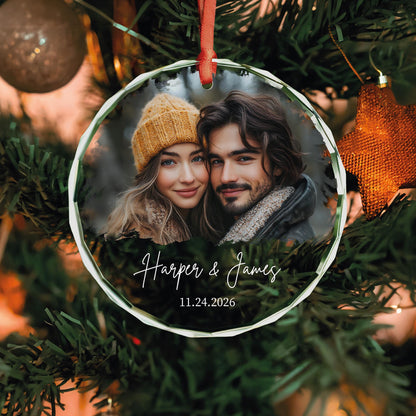Engagement gift glass Christmas ornament with couple photo