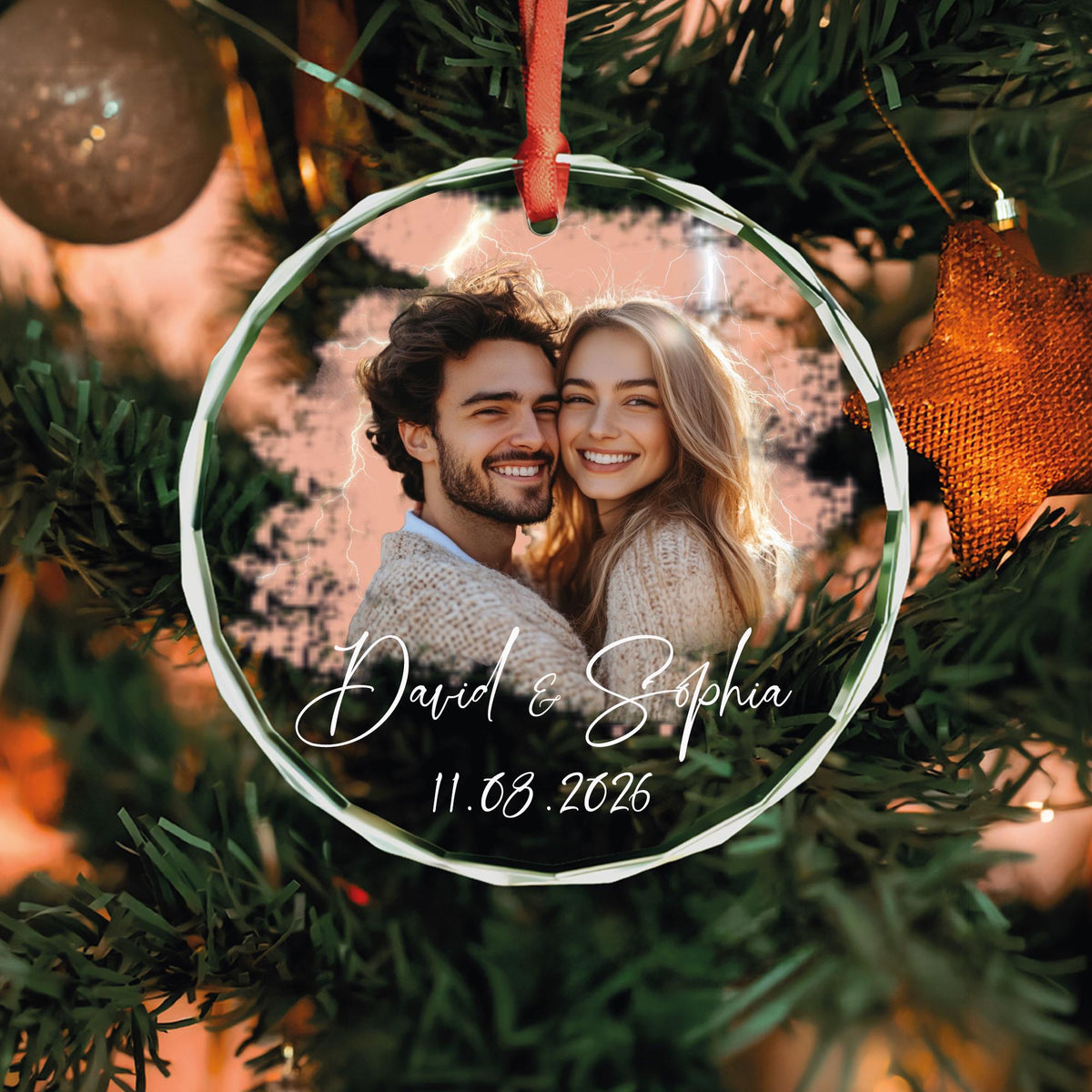 Personalized couple portrait glass ornament with custom photo, background color, names and date
