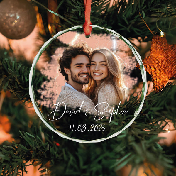 Couple Portrait Ornament with Custom Photo, Background Color, Names and Date, Personalized Glass Keepsake