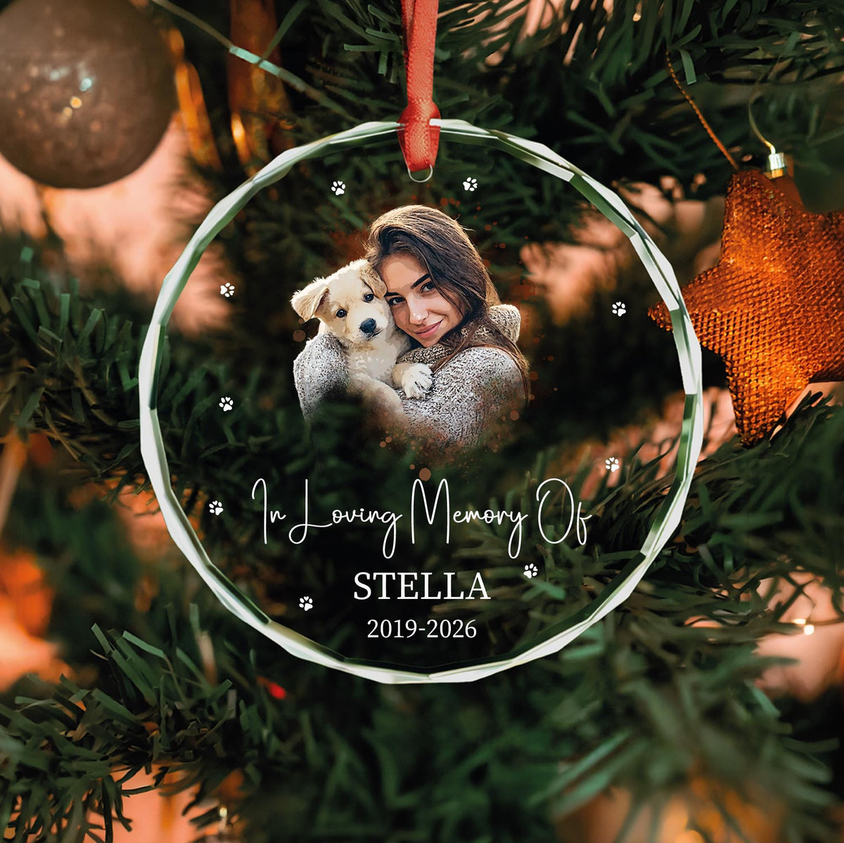 Dog remembrance glass Christmas ornament with watercolor portrait