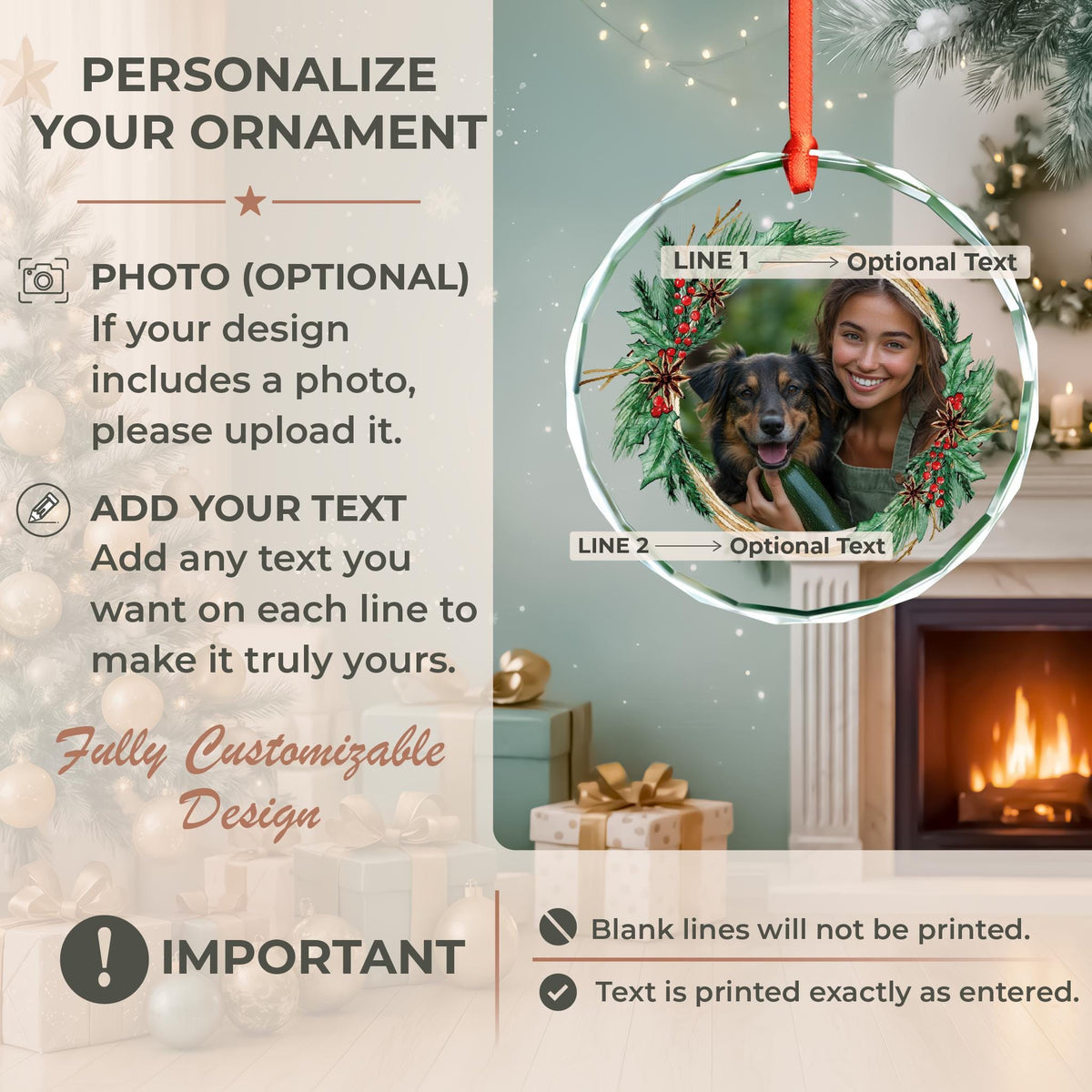 Pet remembrance glass Christmas ornament with owner and pet photo