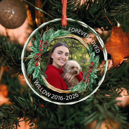 Personalized forever loved dog memorial round glass ornament with holly wreath photo frame, name and years