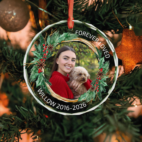 Forever Loved Dog Memorial Ornament with Holly Wreath Photo Frame, Name and Years, Personalized Glass Keepsake
