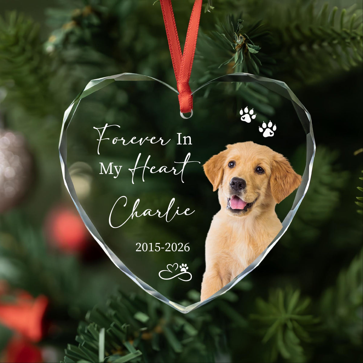 Dog memorial heart glass ornament with photo and name