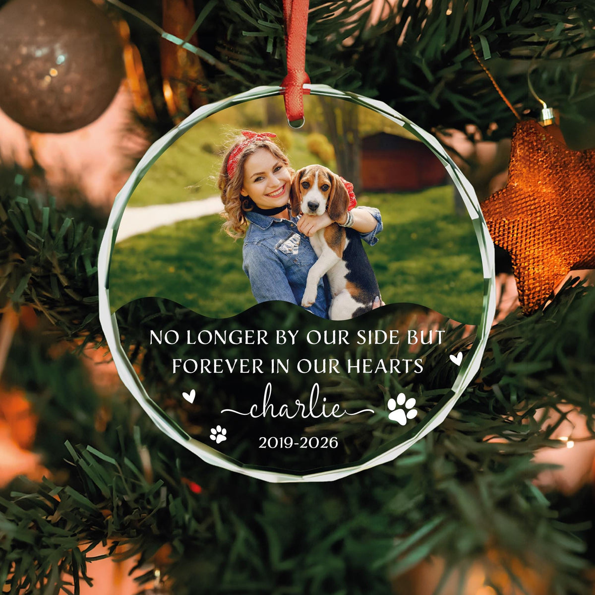 Personalized dog memorial round glass photo ornament with forever in our hearts message, name and years