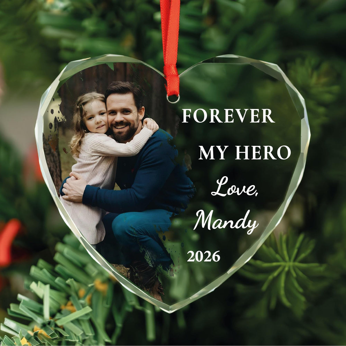 Forever my hero memorial ornament in round, heart and oval glass shapes