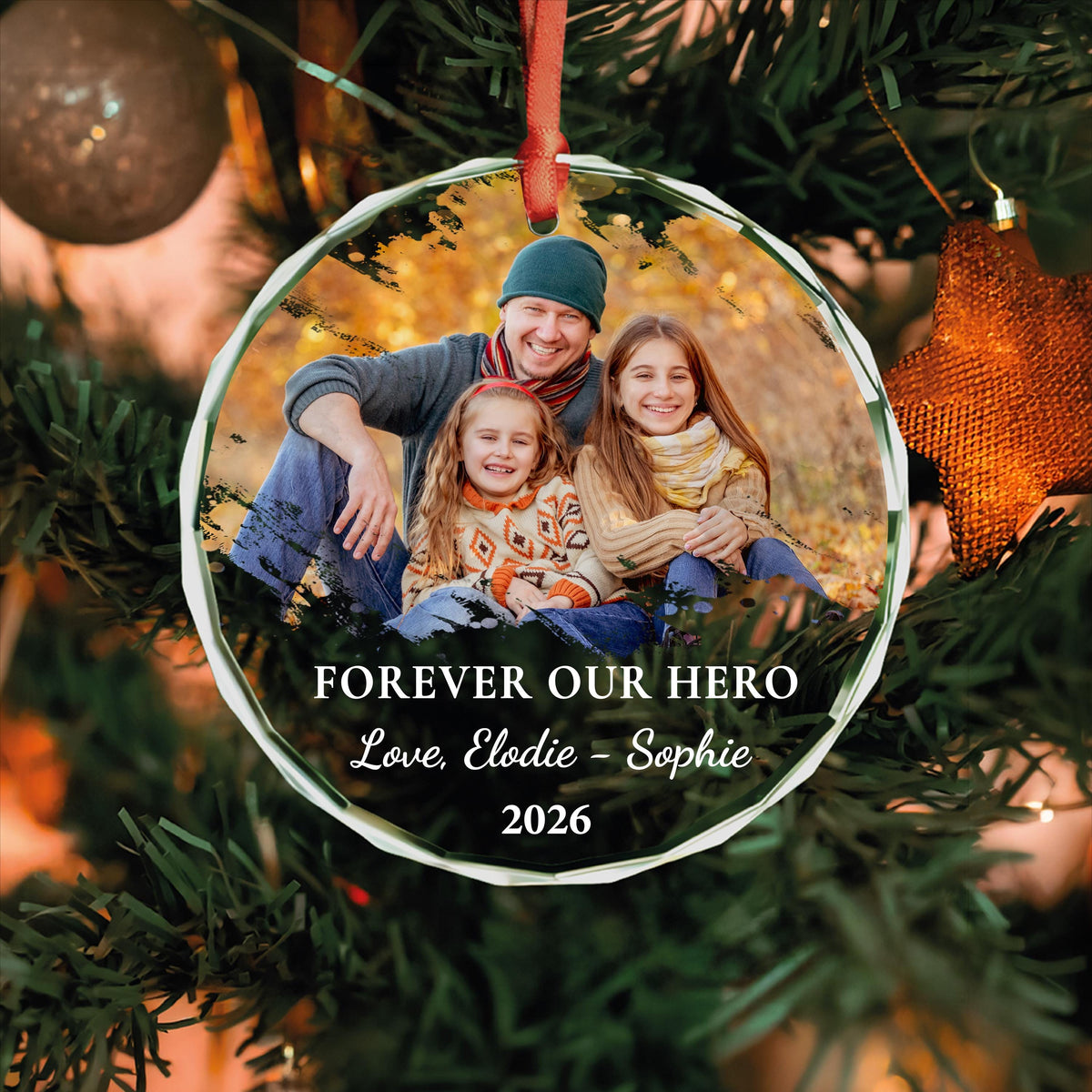 Personalized forever my hero memorial photo glass ornament