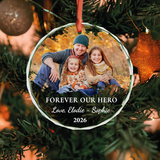 Personalized forever my hero memorial photo glass ornament