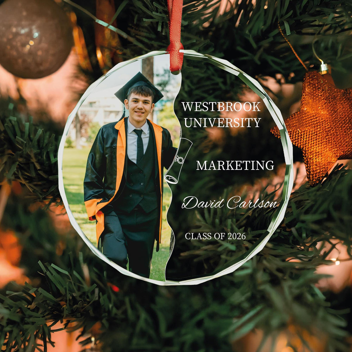 Half photo graduate keepsake ornament in round and heart glass