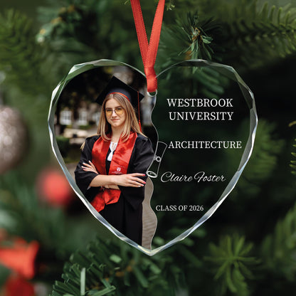 Personalized half photo graduation glass ornament with major, name, school and class year