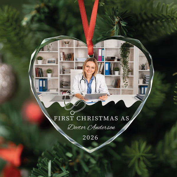 First Christmas as a Doctor Photo Ornament with Name and Year, Glass Medical Keepsake