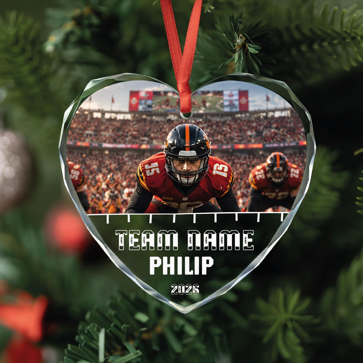 Football player keepsake ornament in round, heart and oval glass
