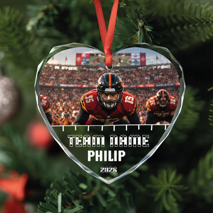 Football player keepsake ornament in round, heart and oval glass