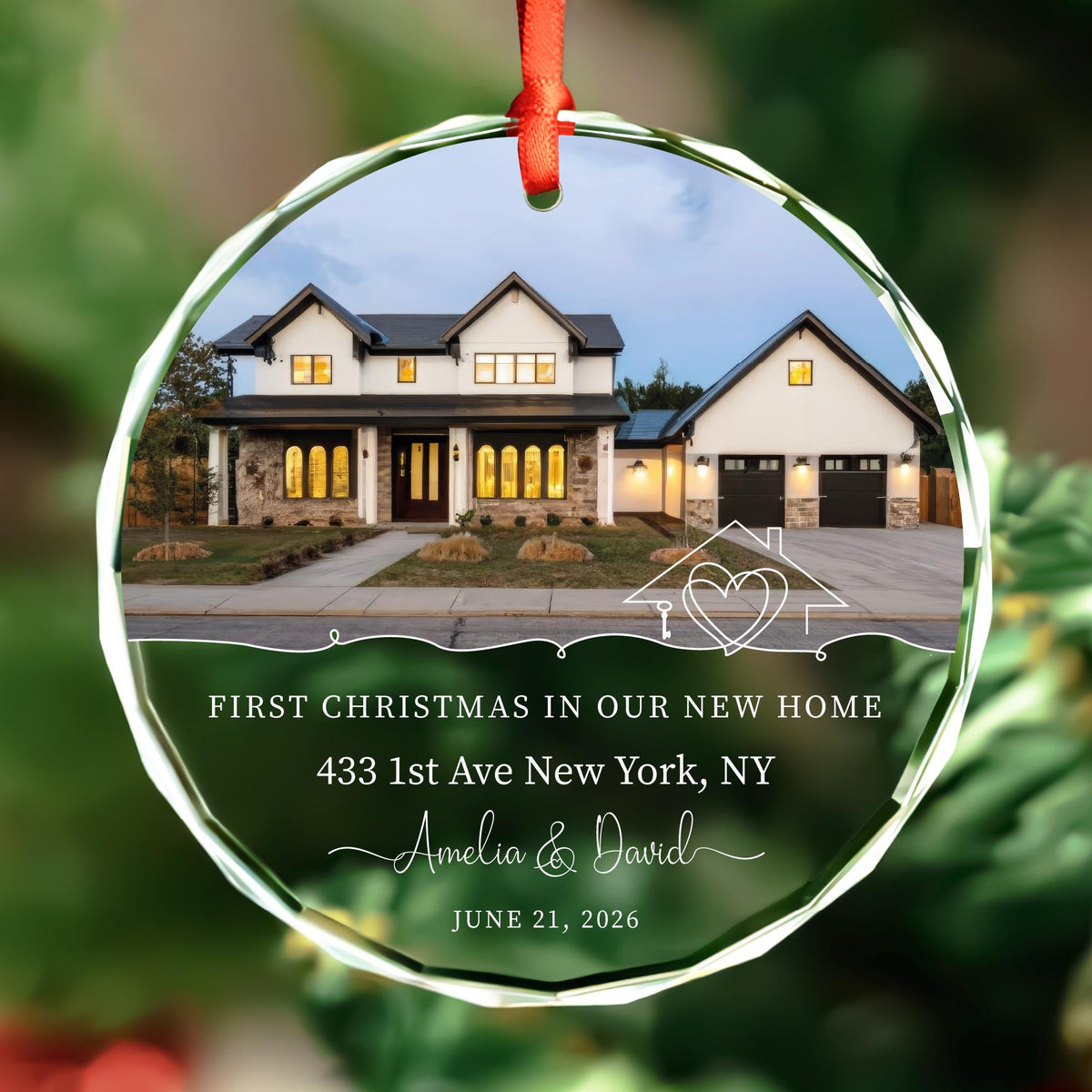 Personalized first Christmas in our new home round glass house photo ornament with heart house line art, address, names and date
