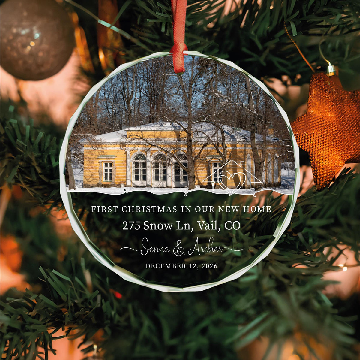 Housewarming photo keepsake ornament with names and date