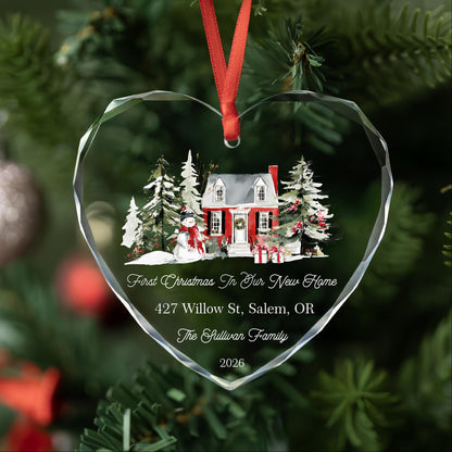 Personalized first Christmas in our new home heart glass ornament with red house and snowman, family name, address and year