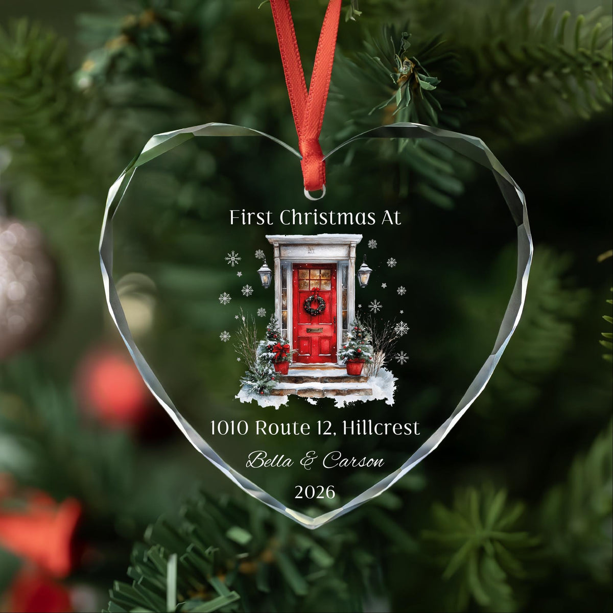 Personalized first Christmas at new home heart glass ornament with snowy red door, address, names and year