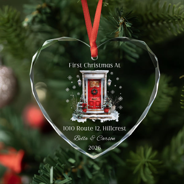 First Christmas at New Home Ornament with Red Door and Snowflakes, Address, Names and Year, Personalized Glass Keepsake