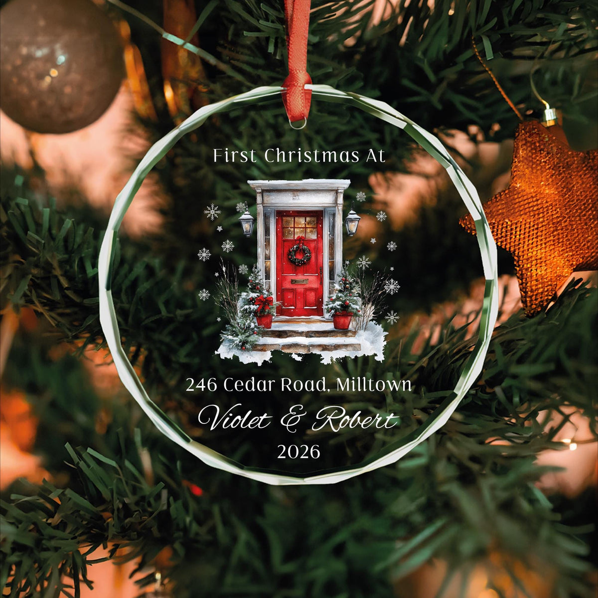 Realtor gift glass Christmas ornament with address