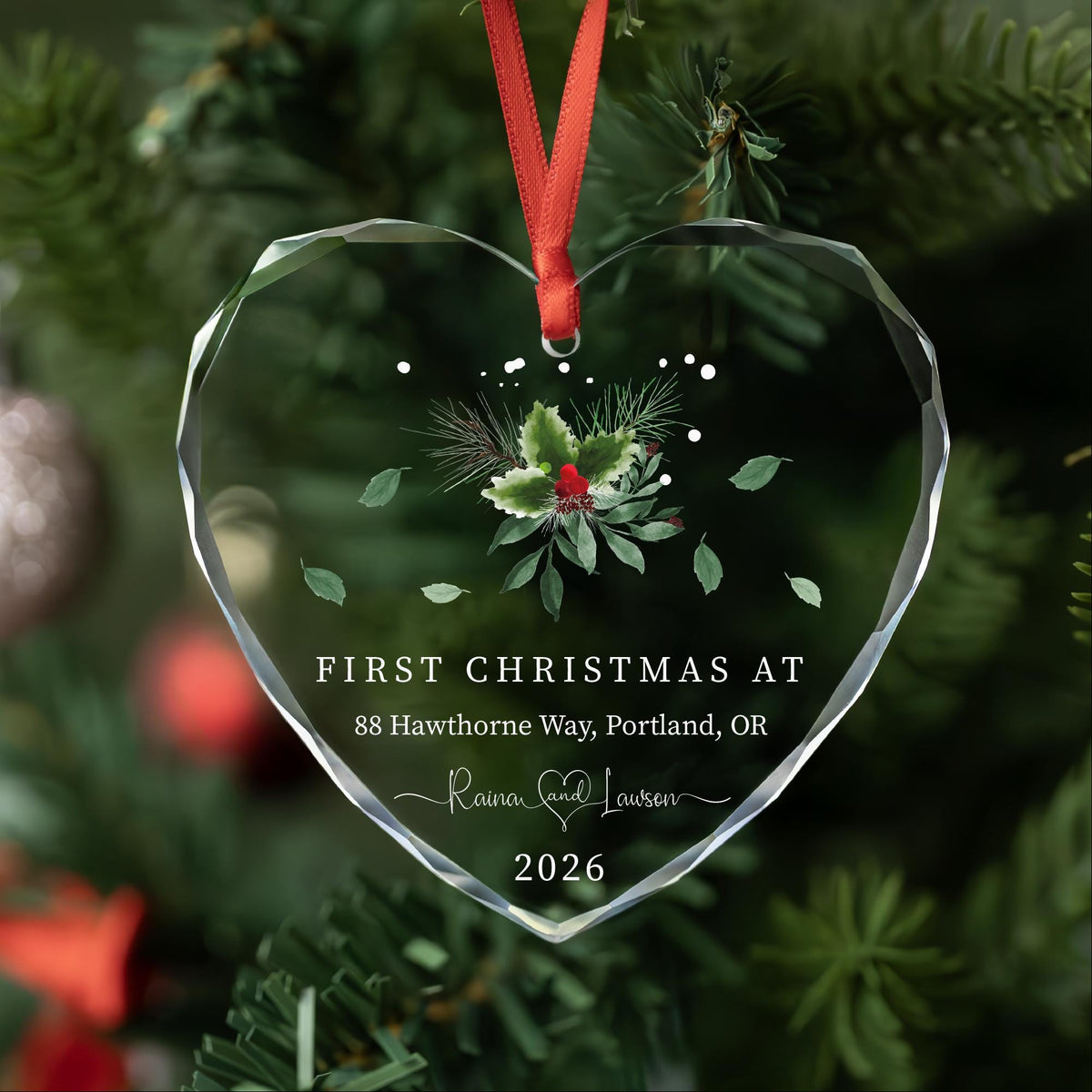 New home holly ornament in round, heart and oval glass shapes