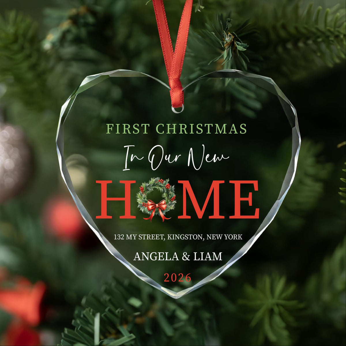 New home wreath ornament in round, heart and oval glass shapes
